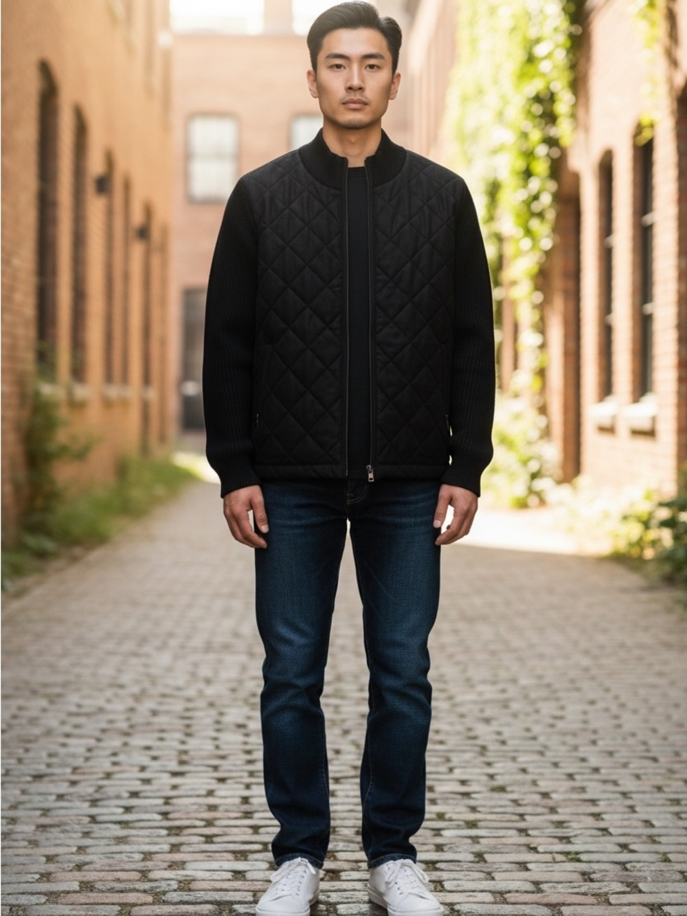 Amicale Cashmere Black Quilted Bomber Jacket